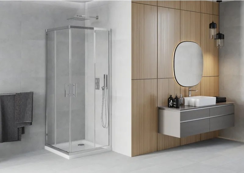 Mexen Rio cabina doccia quadrata 90 x 90 cm, trasparente, cromo + piatto doccia Flat, bianco - 860-090-090-01-00-4010