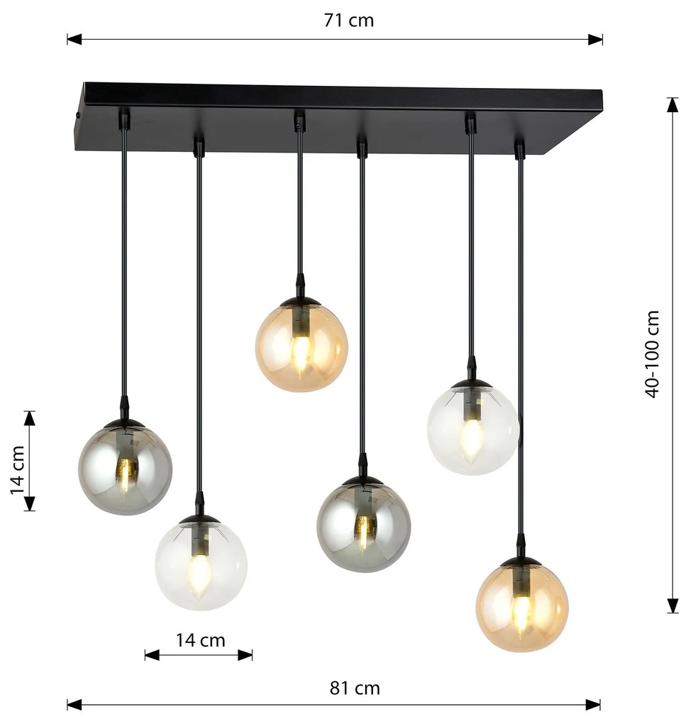 Sospensione Moderna 6 Luci Kali In Acciaio Nero E Sfere In Vetro Multicolor