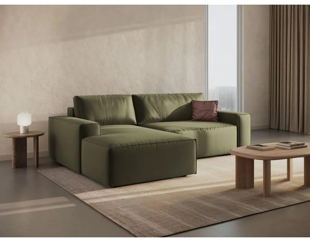 Divano angolare verde allungabile/con contenitore (con penisola a sinistra/con chaise lounge) con rivestimento in velluto Jodie – Micadoni
