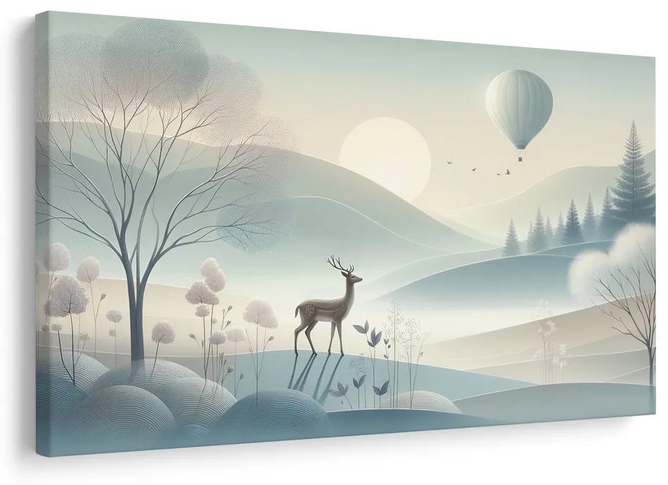 Quadro su tela – Cervo nella valle nebbiosa all’alba