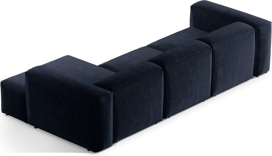 Divano angolare blu scuro (con penisola a destra/con chaise lounge) con rivestimento in velluto a coste Bergamo – Cosmopolitan Design