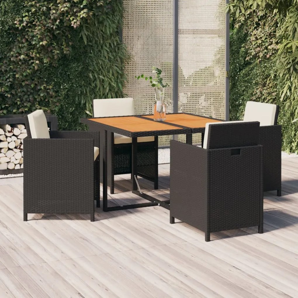 Set da pranzo per giardino 5 pz con cuscini in polyrattan nero