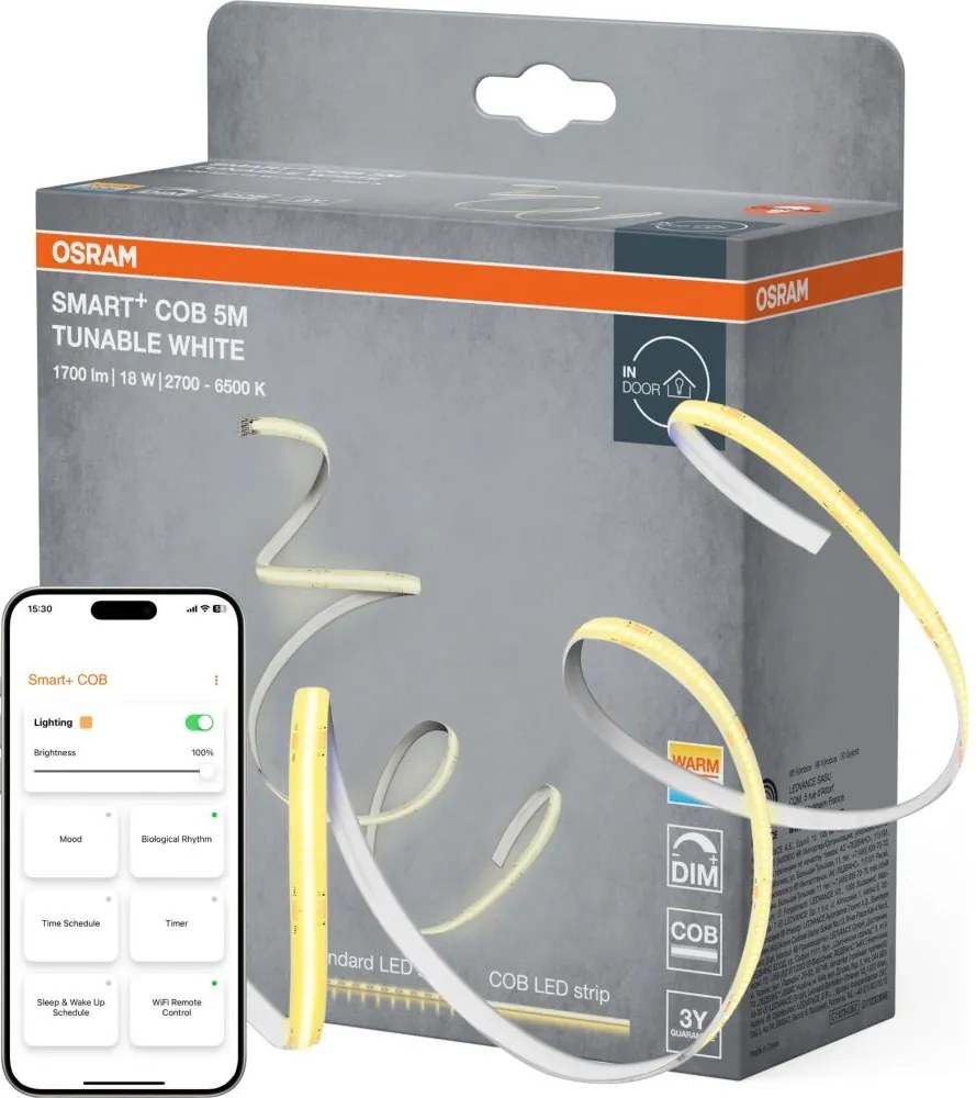 Osram - Striscia LED dimmerabile SMART+ COB 5 m, 18 W, 230 V, 2700–6500 K, Wi‑Fi