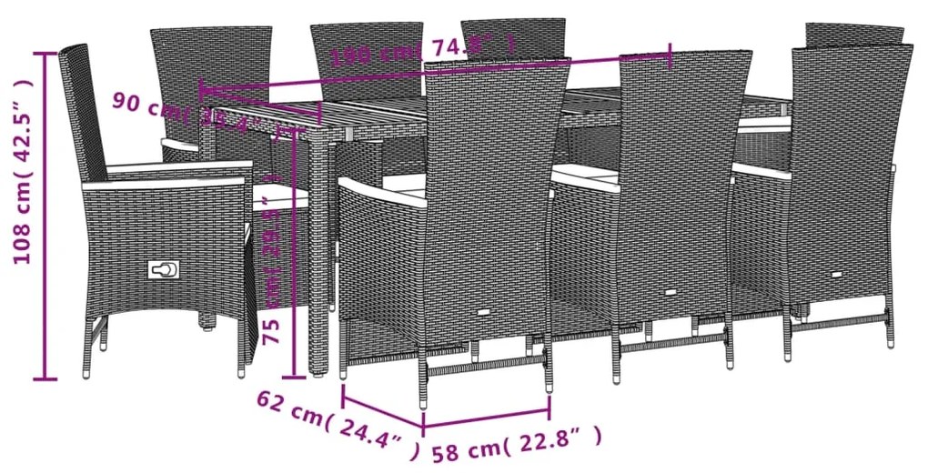 Set da pranzo da giardino 9 pz con cuscini nero in polyrattan