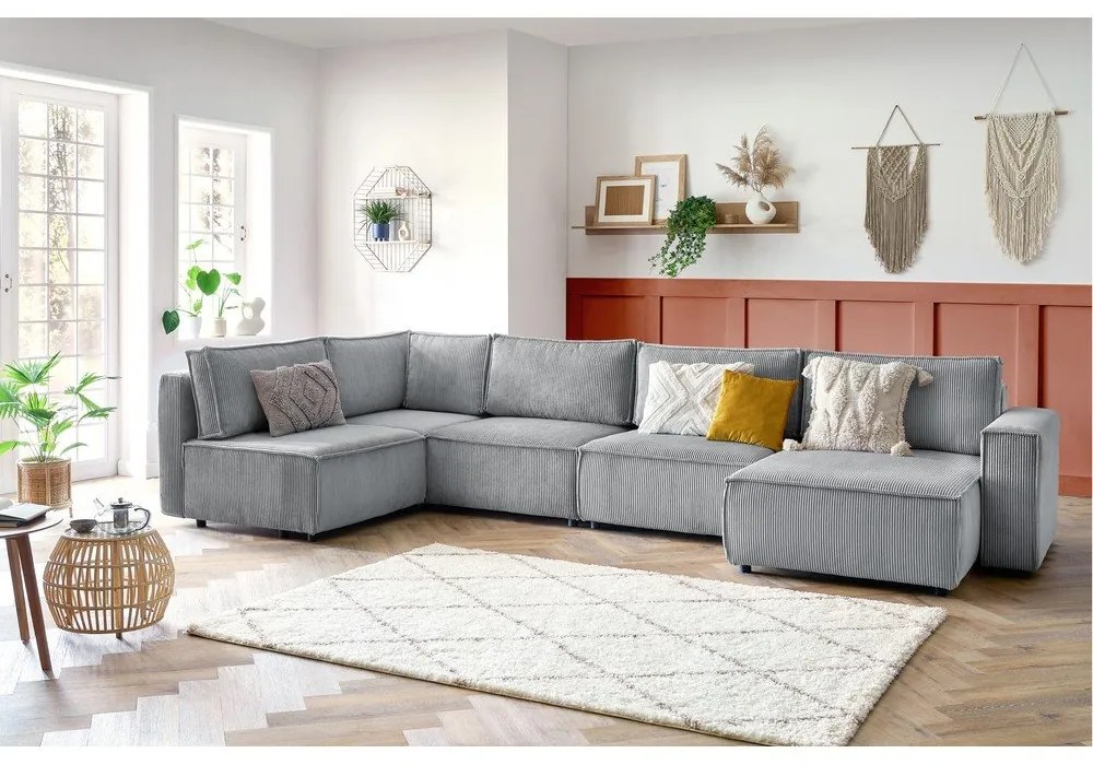 Divano angolare a U in velluto a coste grigio chiaro, angolo sinistro Nihad modular - Bobochic Paris