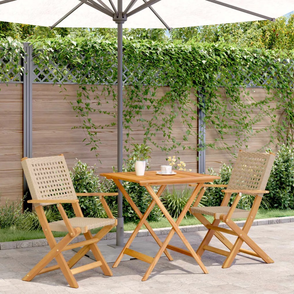 Set da bistrot 3 pz beige in polyrattan e legno massello