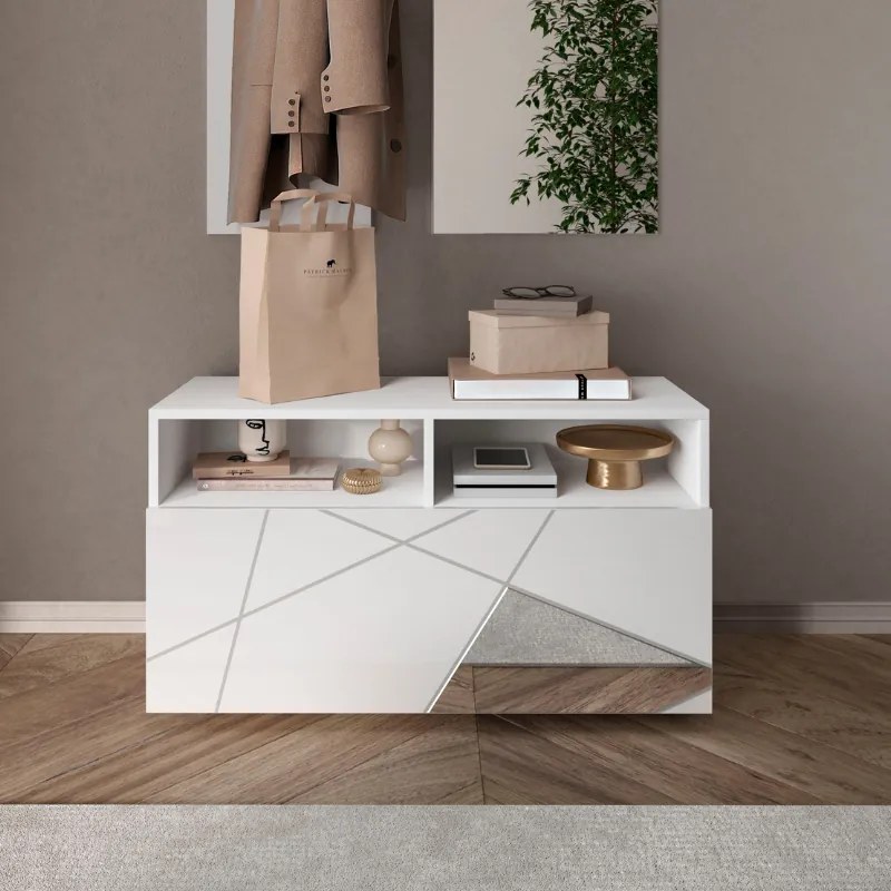 Mobile ingresso con 1 ribalta 91 x 49cm Bianco lucido/specchio - Fox