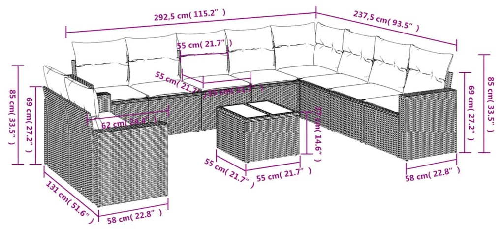 Set divani da giardino 11 pz con cuscini in polyrattan nero