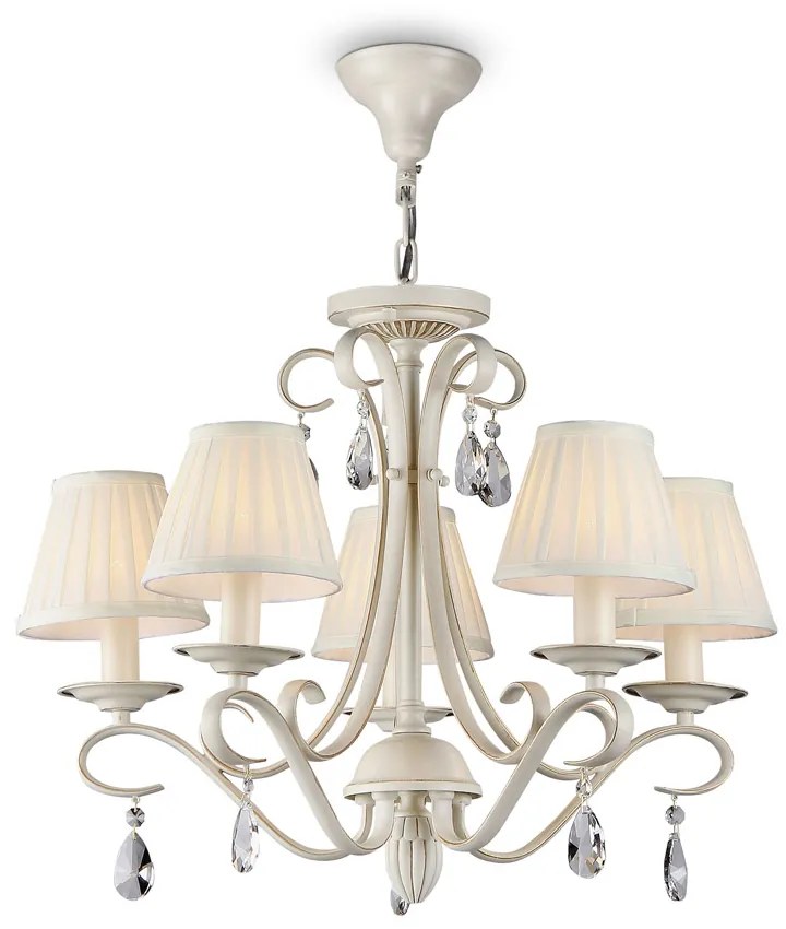 Lampadario Shabby Chic Brionia Metallo Beige 5 Luci Diffusori Vetro Bianchi