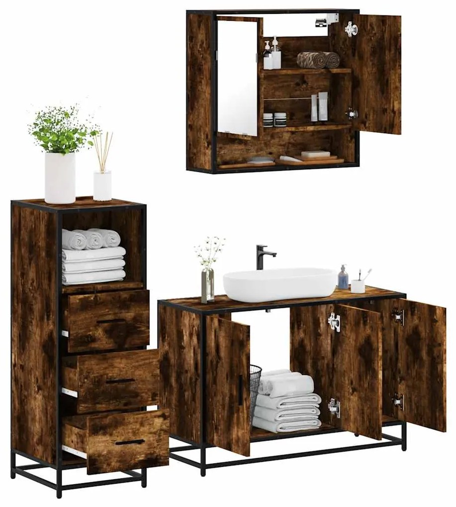 Set Mobili Da Bagno 3 Pz Rovere Fumo İn Legno Multistrato /