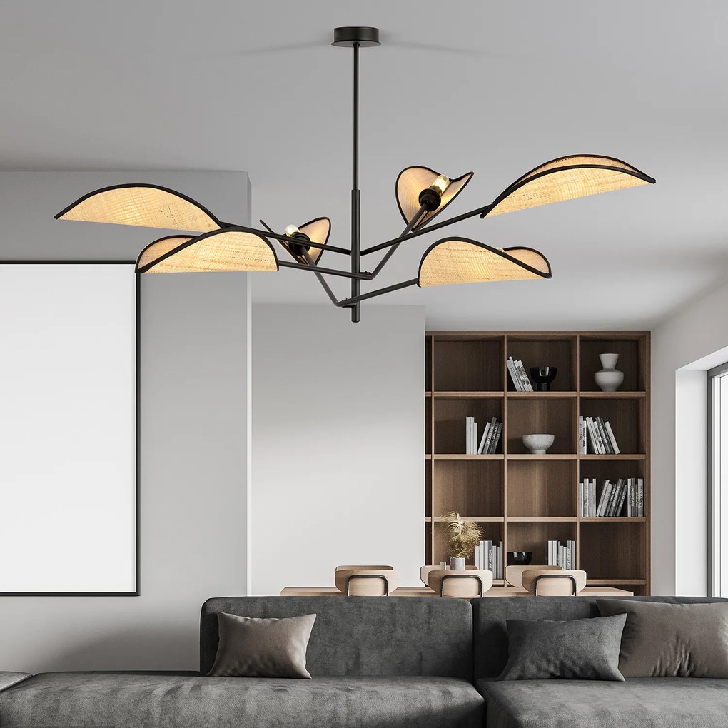 Lampadario 6 Luci Eridano In Acciao Nero E Rattan Con Bracci Mobili