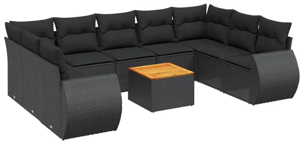 Set divani da giardino 10pz con cuscini in polyrattan nero