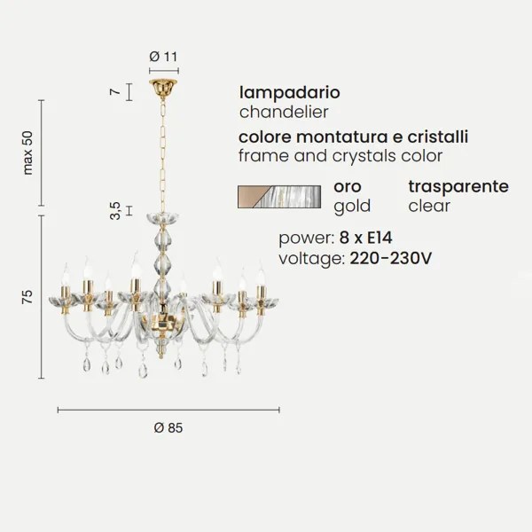 Lampada a sospensione 8 luci - cristallo e vetro BRIGIDA