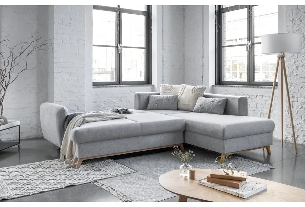 Divano angolare grigio chiaro allungabile/con contenitore (con penisola a destra/a L) Scandic Lagom – Miuform