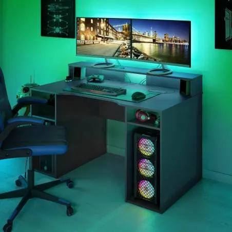 Scrivania Dlucum, Scrittoio multifunzione moderno da Gaming, Tavolo da studio porta PC e porta CD, Tavolo da studio con ripiani, 136x67h88 cm, Antracite