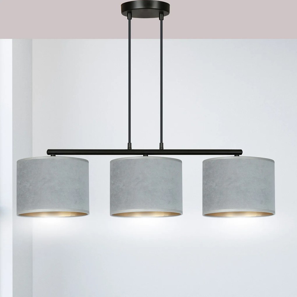 Lampadario 3 Luci Ganesha In Acciaio Nero E Paralumi In Tessuto Grigio