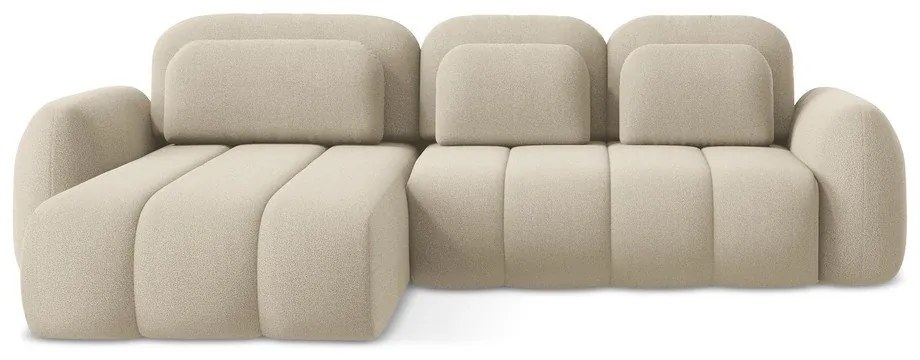 Divano angolare marrone chiaro allungabile/con contenitore (con penisola a sinistra/con chaise lounge) con rivestimento in bouclé Pele – Makamii