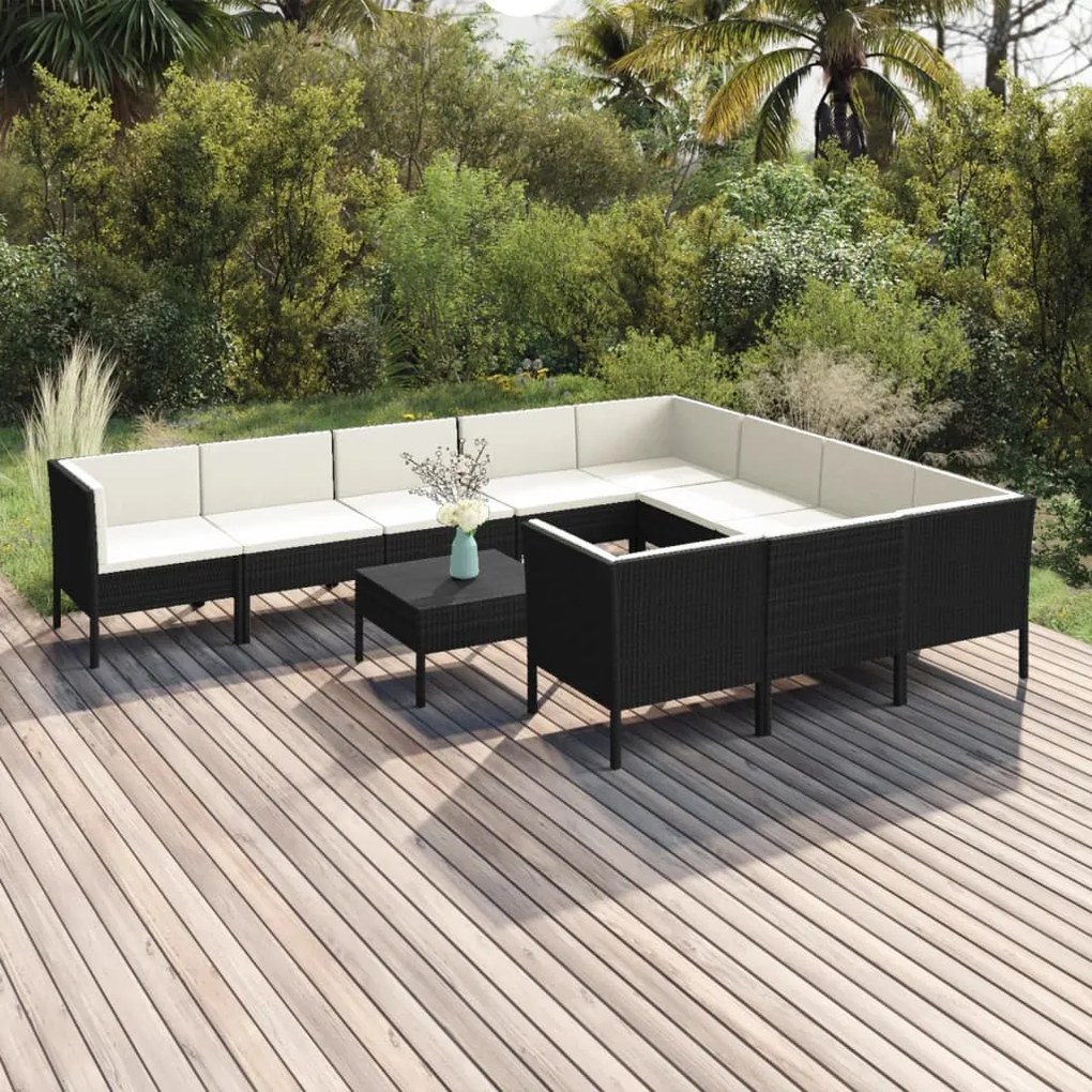 Set divani da giardino 11 pz con cuscini in polyrattan nero