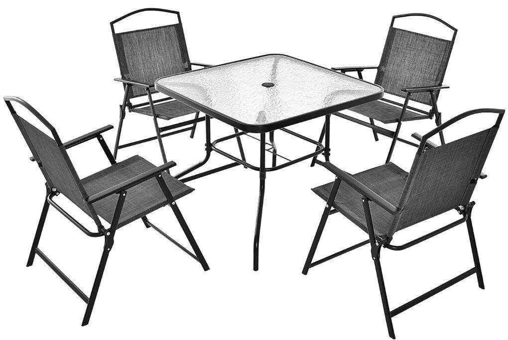 Costway Set da pranzo per giardino per 4 persone, Set di sedie pieghevoli e tavolo da pranzo con foro ombrellone Grigio