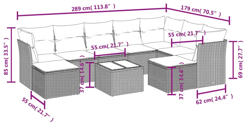 Set divano da giardino 10 pz con cuscini grigio in polyrattan