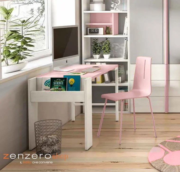 Scrivania RIV con portariviste, finitura Larice bianco e Rosa confetto