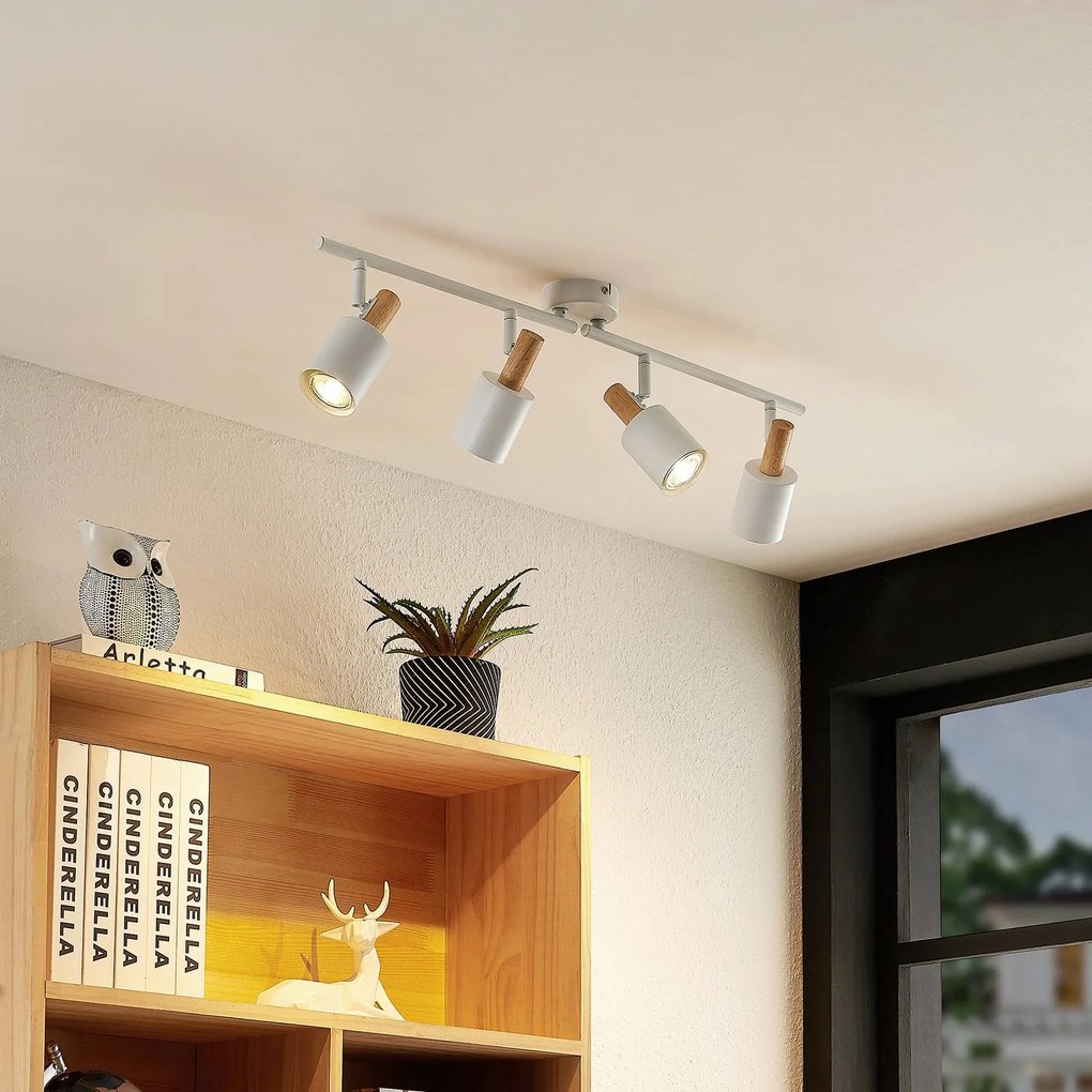 Lindby fatto da soffitto Junes, a 4 luci, lunghezza 74 cm, bianco, legno