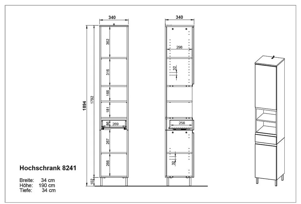 Mobile bagno alto grigio scuro in rovere decorato 34x190 cm Salinas - Germania