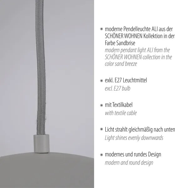 Schöner Wohnen 11728-39 - Lampadario a sospensione ALI con cavo, 1xE27/25W/230V, Ø 38 cm, grigio