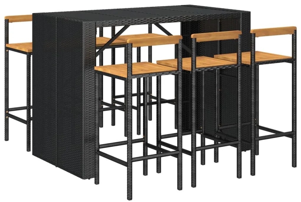 Set bar giardino 7 pz nero polyrattan e legno massello acacia