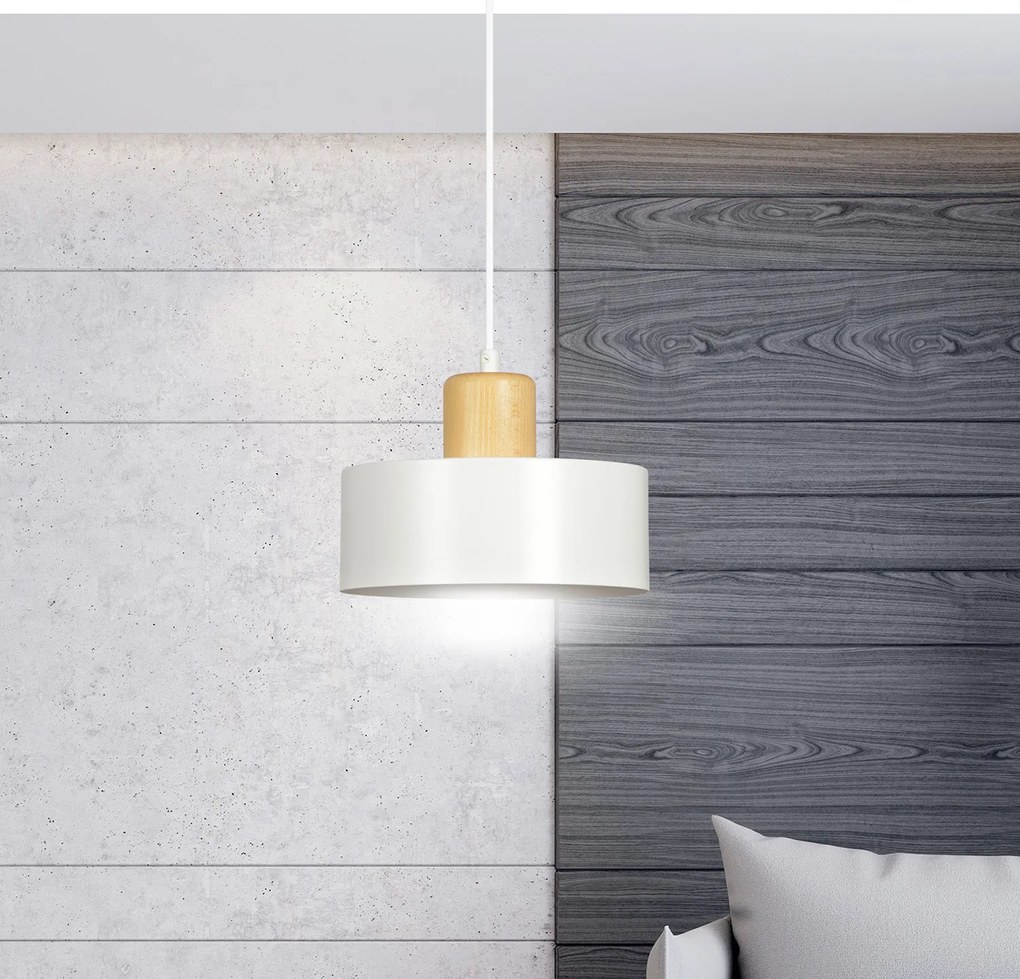 Sospensione Nordica 1 Luce Surya In Acciaio Bianco E Legno