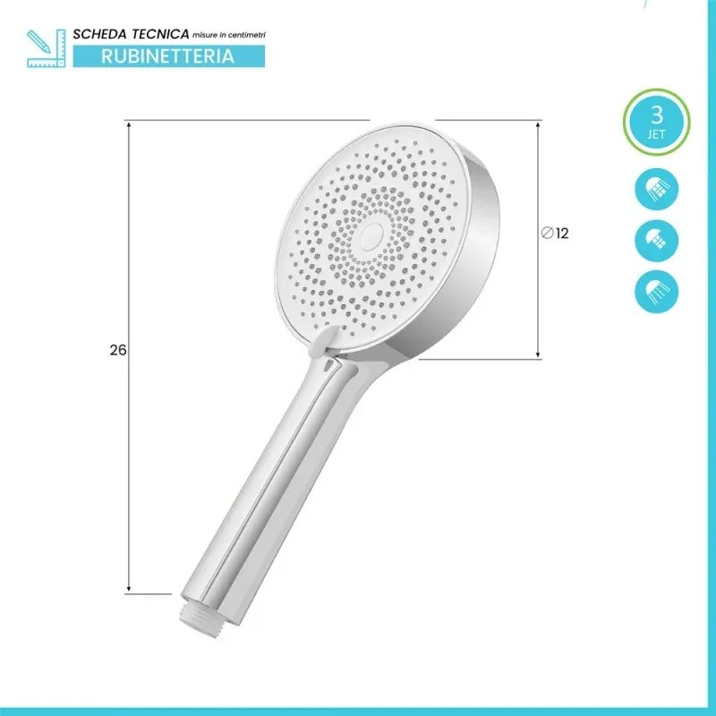 Doccetta tonda moderna 26cm cromo a tre getti in ABS anticalcare Hidra