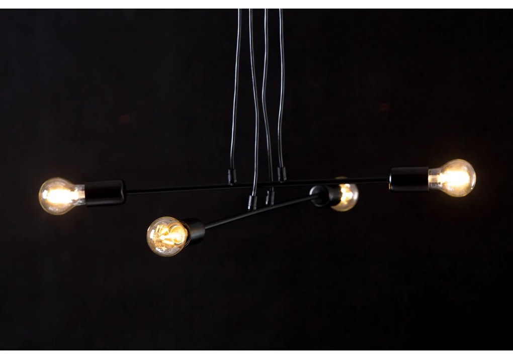 Lampadario Industrial 4 Luci Multiplo In Acciaio Nero A Bracci