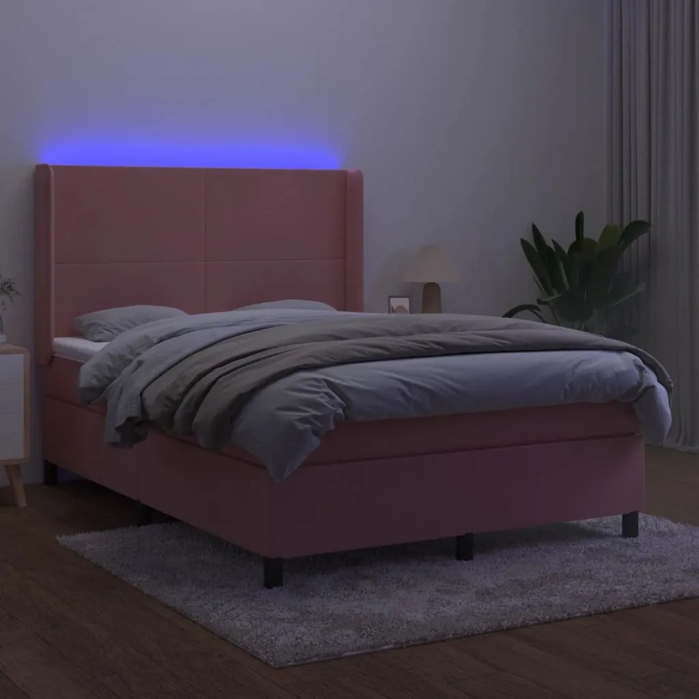 Letto a Molle con Materasso e LED Rosa 140x190 cm in Velluto