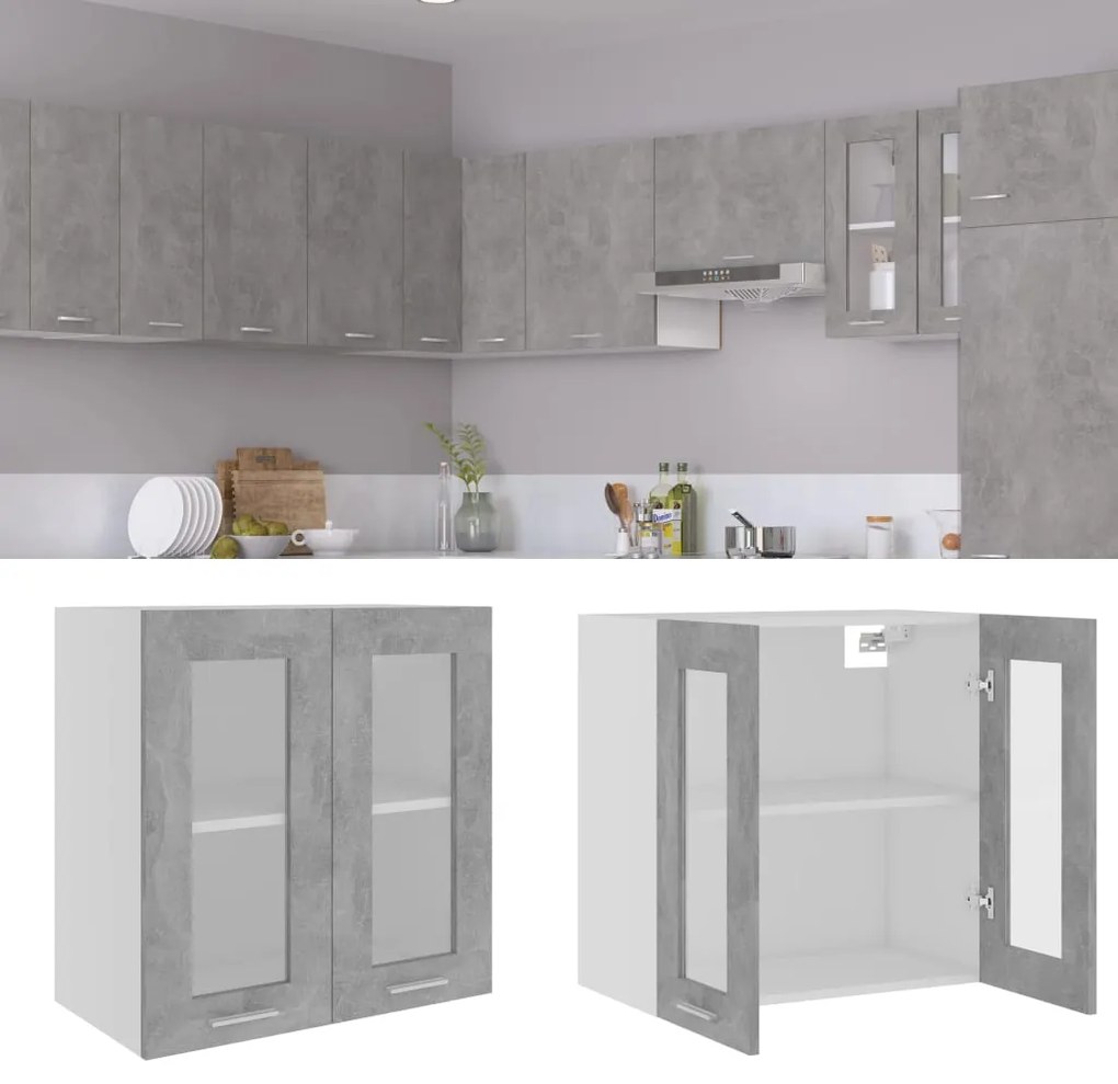 Mobile Pensile Con Vetro Grigio Cemento 60x31x60 Cm Multistrato /