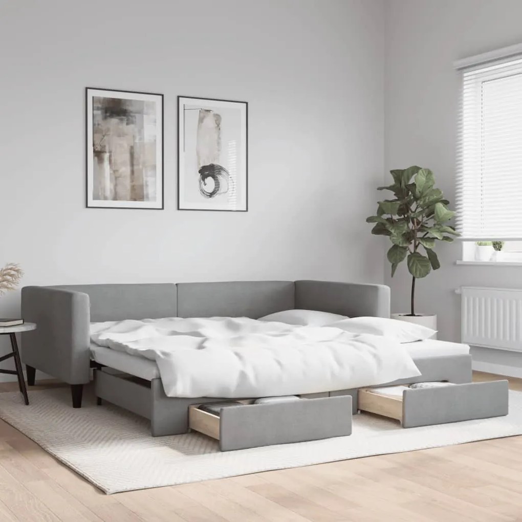 Divano Letto Estraibile Cassetti Grigio Chiaro 100x200 Tessuto /