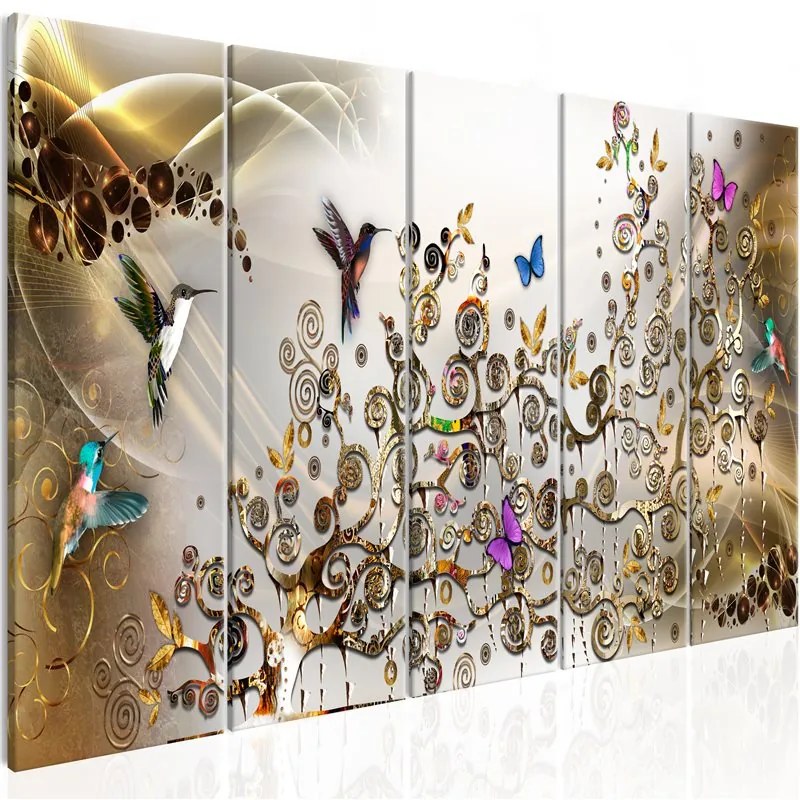 Quadro Hummingbirds Dance (5 Parts) Gold Narrow  Colore Bianco, Dimensioni e Misure 225x90