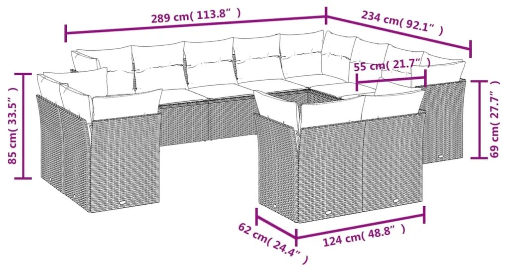 Set divani da giardino 12 pz con cuscini grigio in polyrattan