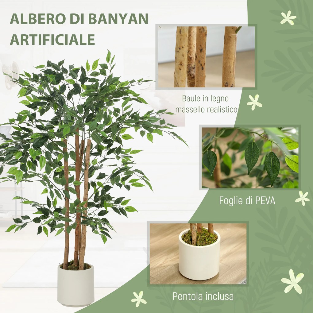 Pianta Artificiale di Baniano Alta 120 cm Verde in PEVA e Legno con Vaso Contenitore in PP e Cemento Bianco...