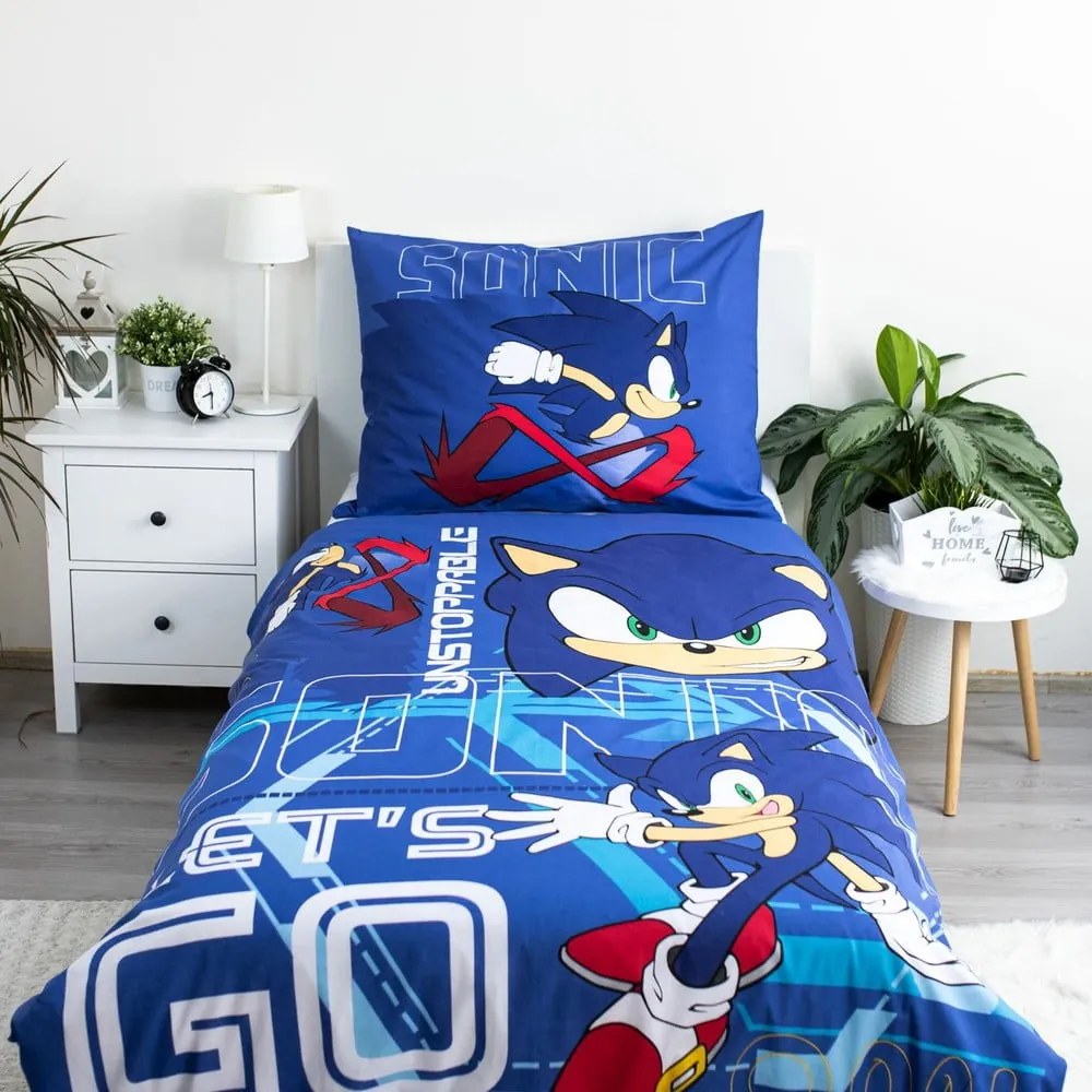 Set copripiumino e federa da bambini blu in cotone per letto singolo 140x200 cm Sonic "Let´s go" – Jerry Fabrics