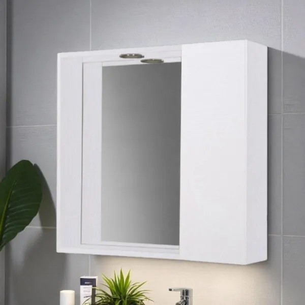 Specchiera bagno 60 cm 1 anta liscia e luce LED Bianco Frassino
