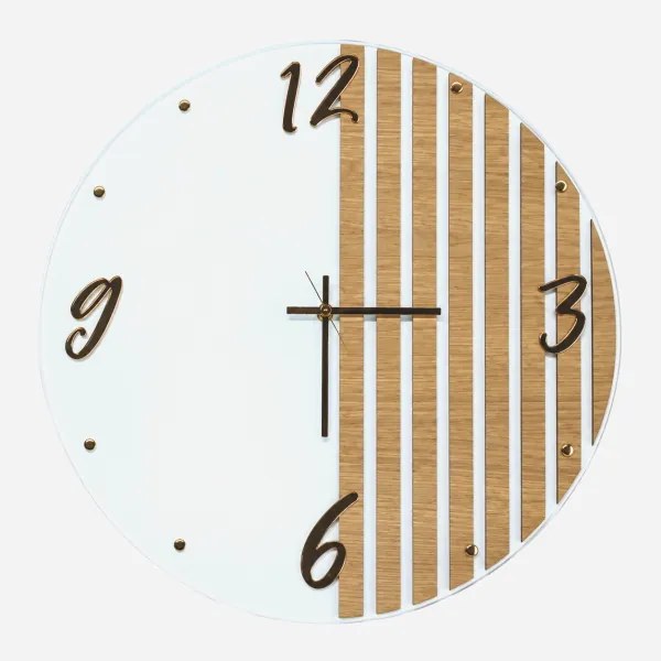 Orologio Parete Tondo 65 cm Vetro Bianco Doghe Rovere e Numeri Oro