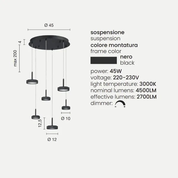 Lampada a sospensione NINA in metallo verniciato 45 cm Nero 6 Luci Led