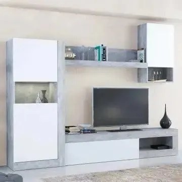 Parete Soggiorno Roomy Bianco e Grigio Effetto Cemento cm 255 x 40 x 200 h