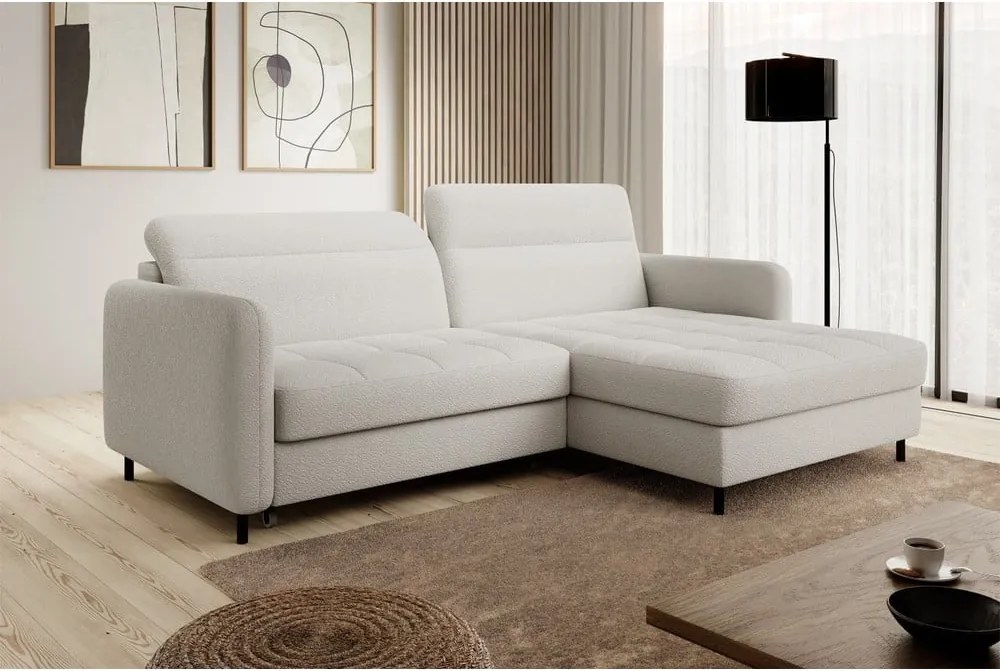 Divano angolare color crema allungabile/con contenitore (con penisola a destra/con chaise lounge) e rivestimento in bouclé Gomsi – ELTAP