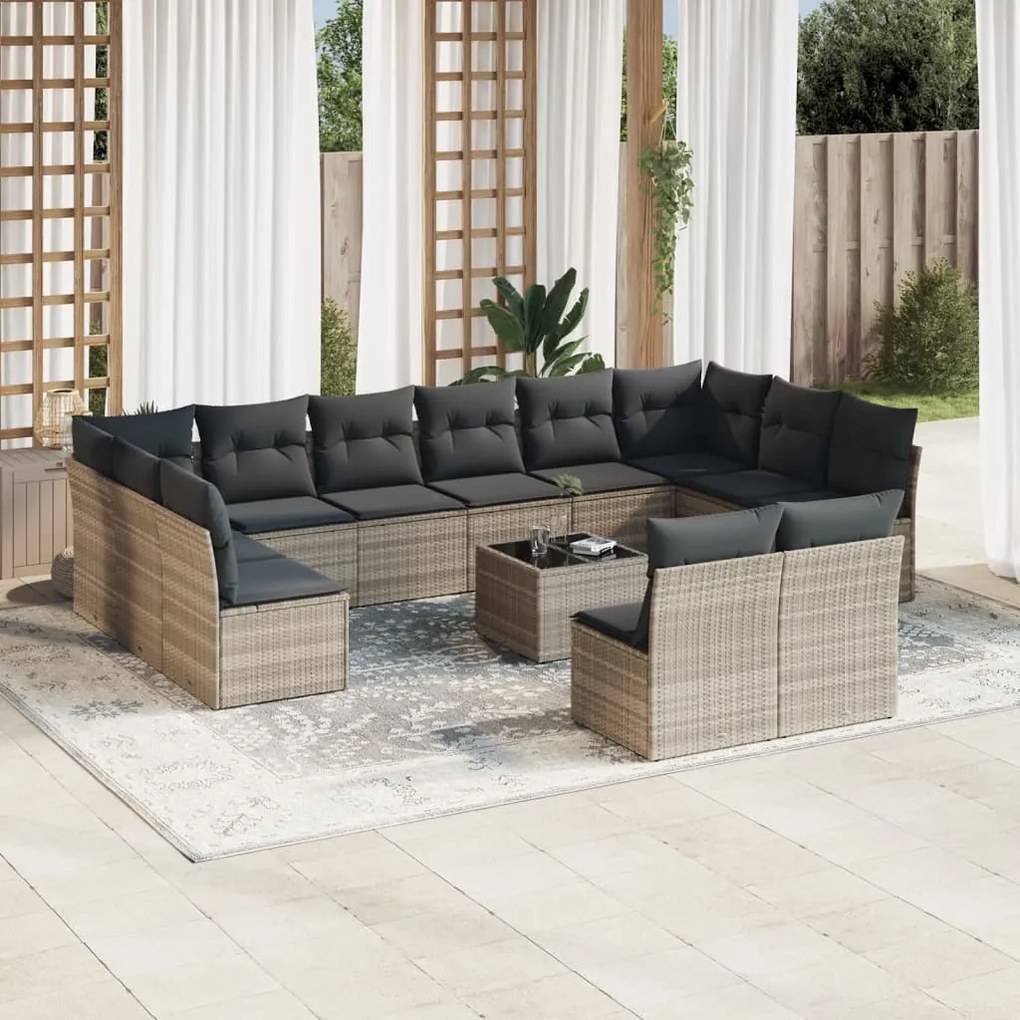 Set divani giardino 13 pz con cuscini grigio chiaro polyrattan