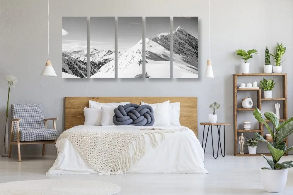 Quadri 5 pezzi – Catena montuosa innevata in bianco e nero