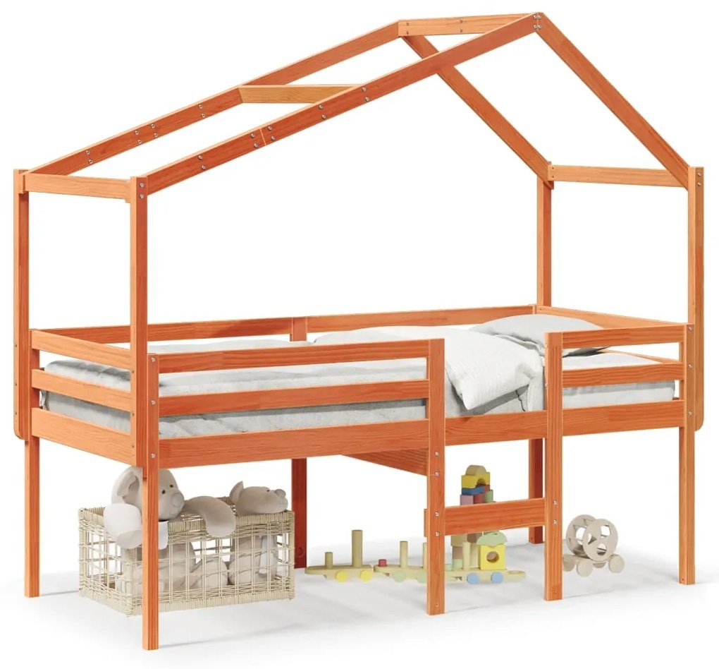 Letto A Soppalco Con Tetto Cera 90x190cm Legno Massello Di Pino /