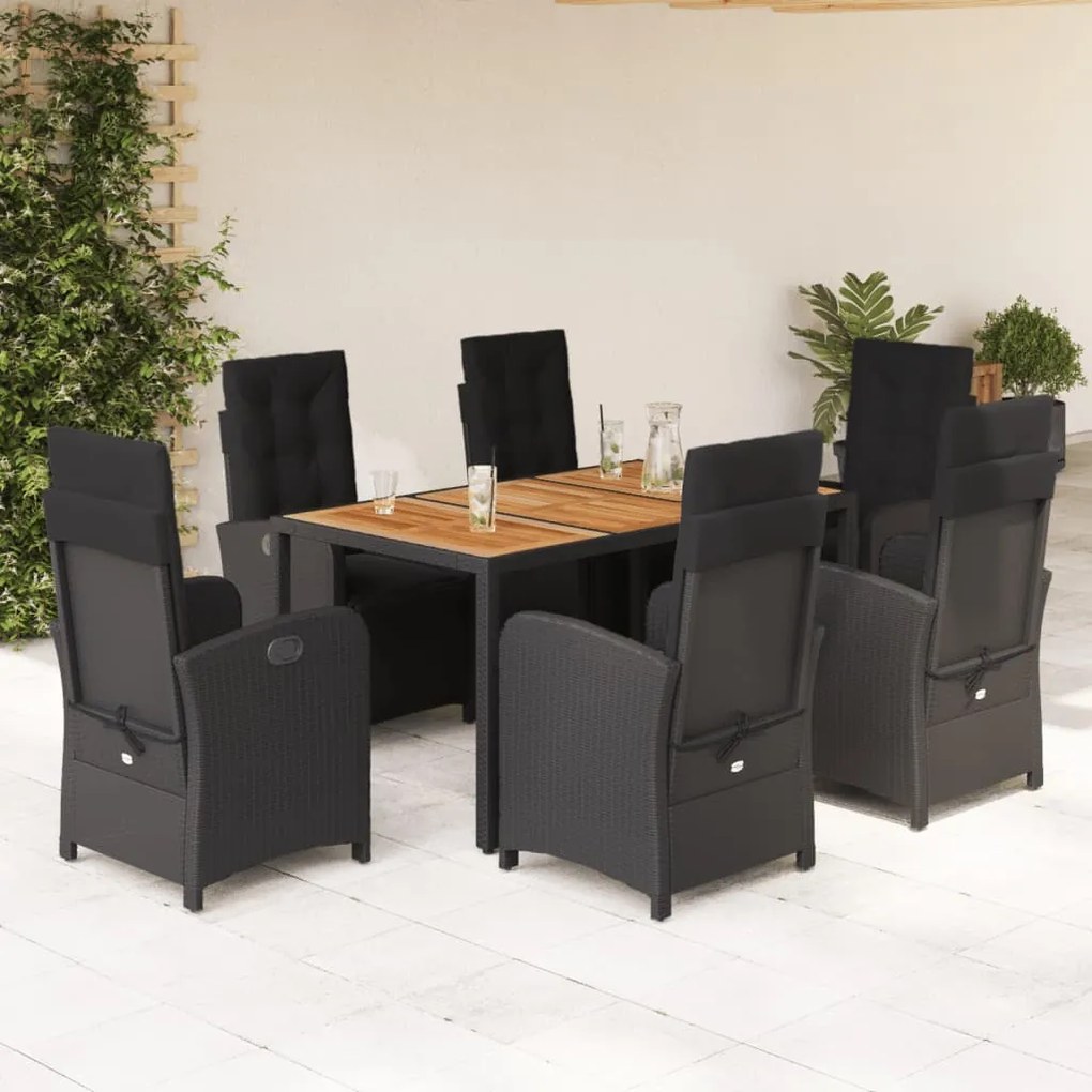 Set da pranzo da giardino 7 pz nero con cuscini in polyrattan