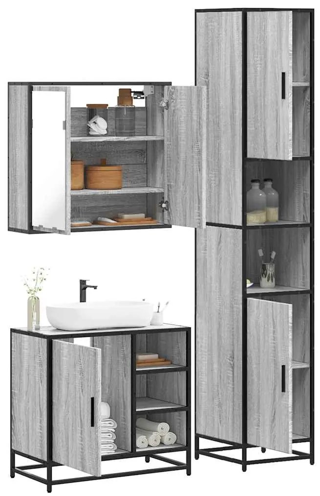 Set Mobili Da Bagno 3 Pz Grigio Sonoma İn Legno Multistrato /