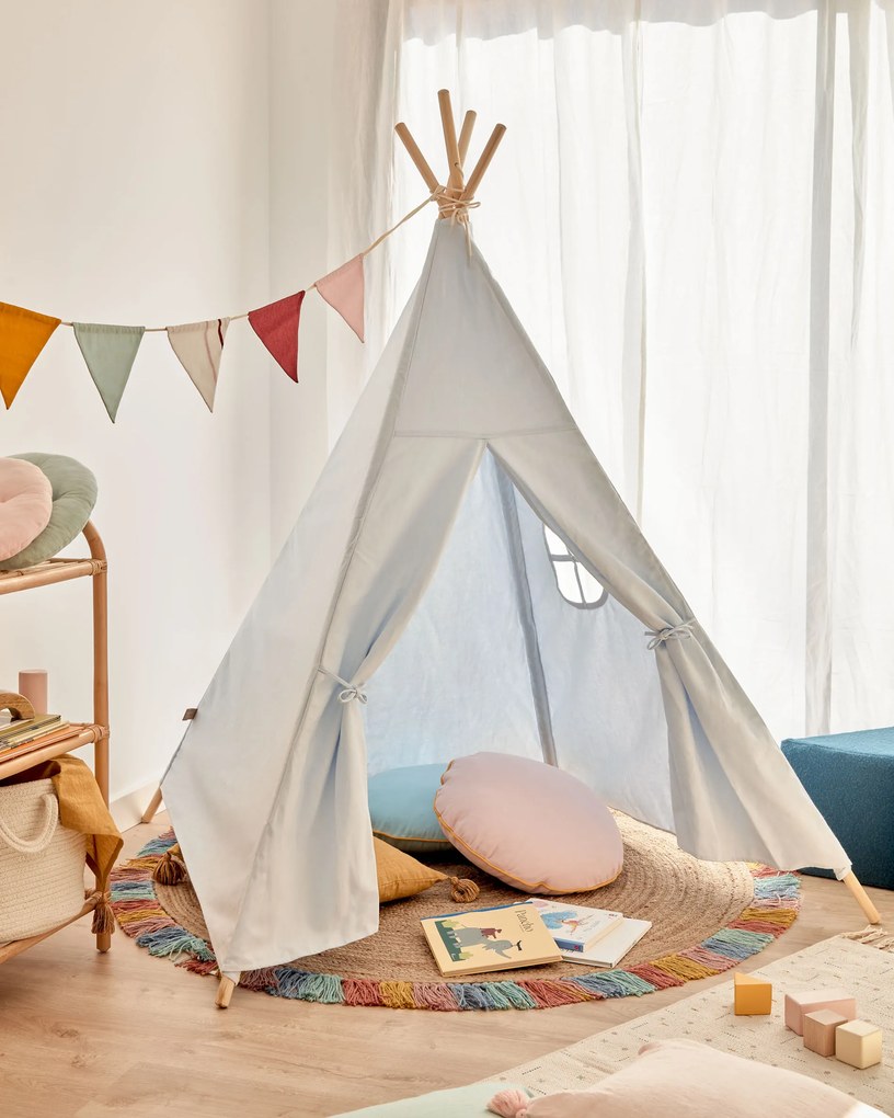 Kave Home - Tipi Darlyn 100% cotone blu e gambe in legno massello di pino